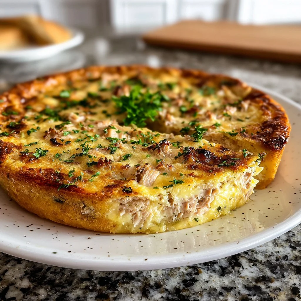 A delicious crustless tuna quiche topped with herbs and cheese