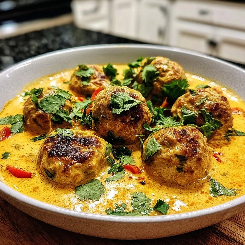 Delightful Thai chicken meatballs in rich coconut curry sauce served in a bowl.