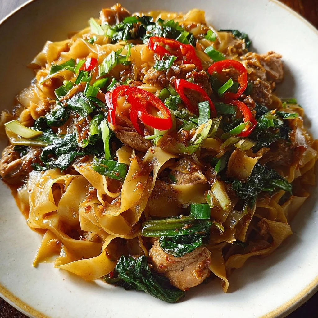 Plate of Drunken Noodles with Chicken garnished with vegetables