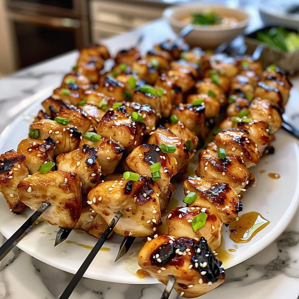 Delicious honey garlic chicken skewers grilled to perfection with a sweet glaze.