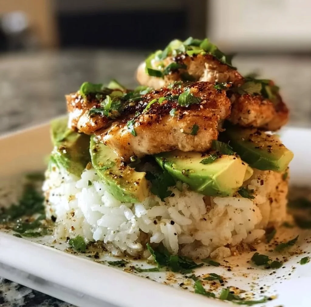 Honey-Lime Chicken served with avocado and zesty rice on a plate.
