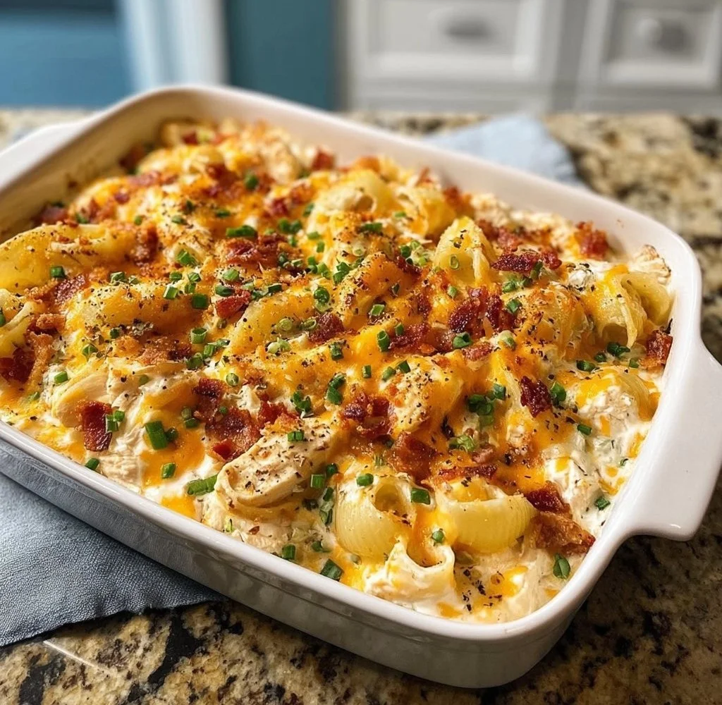 Delicious Crack Chicken Casserole with creamy sauce and toppings