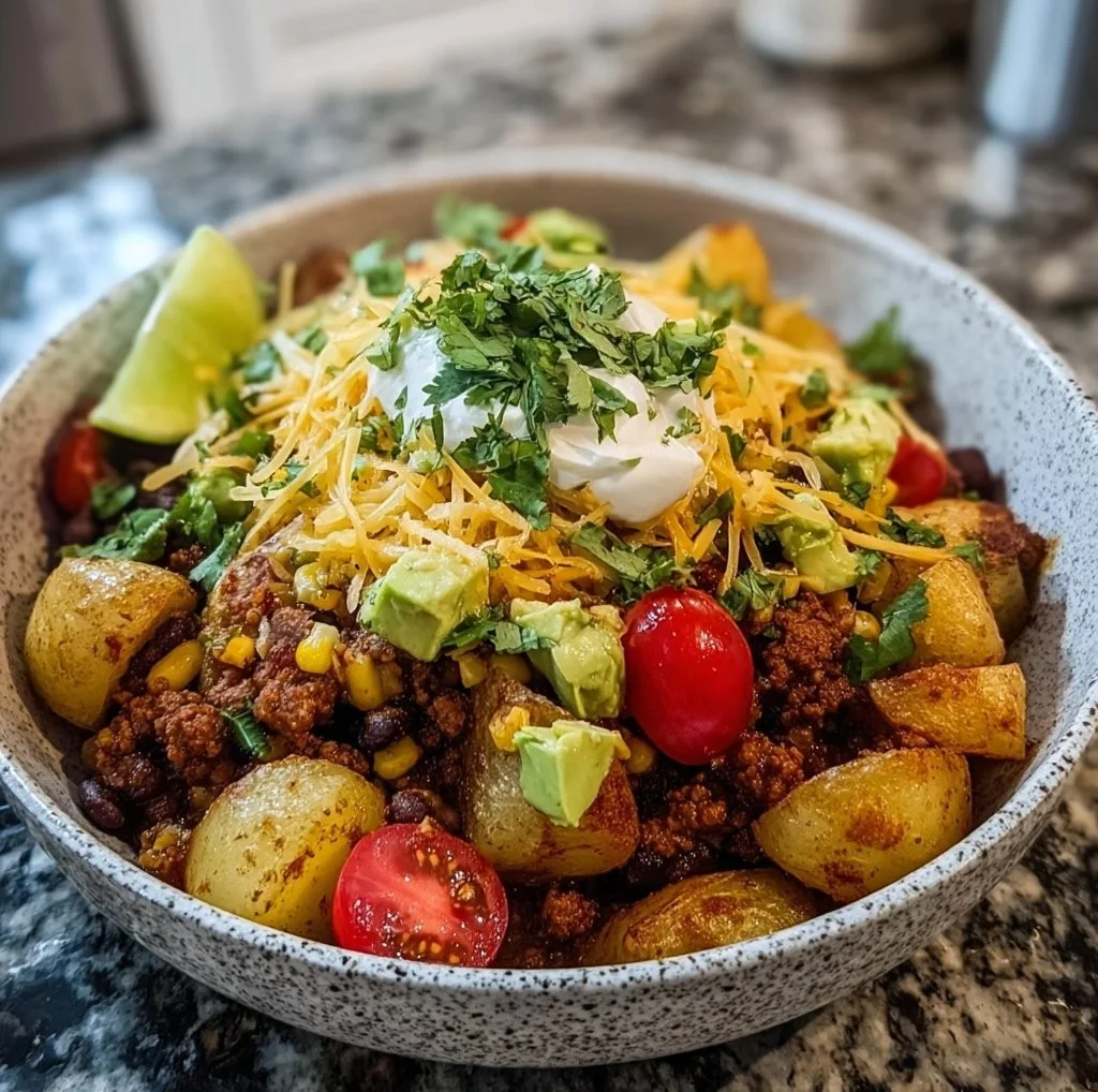 Loaded Potato Taco Bowl with crispy potatoes and fresh toppings