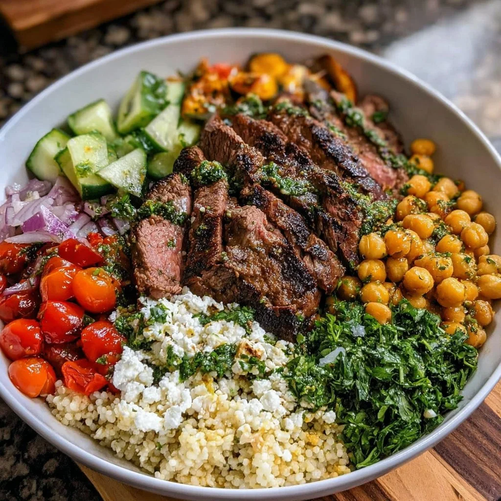 Mediterranean steak bowl with fresh vegetables and herbs