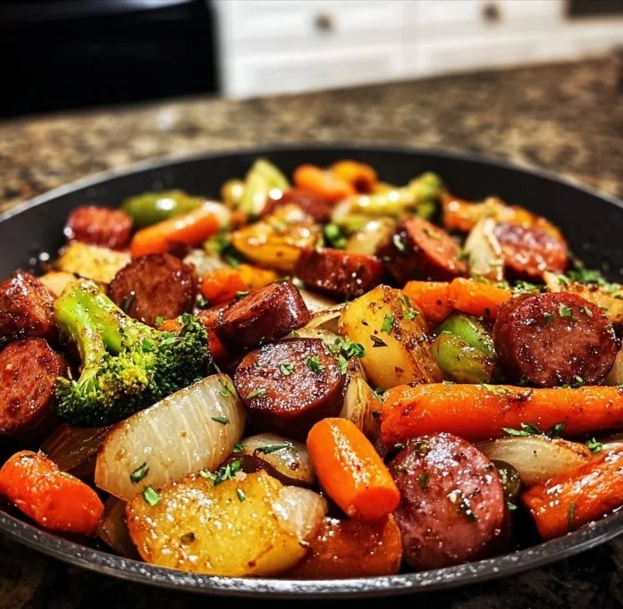 One-Pan Honey Garlic Kielbasa with colorful veggies in a skillet
