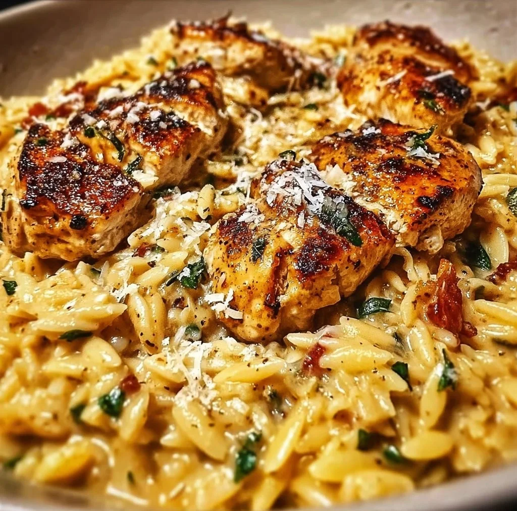 One-Pot Cajun Chicken Alfredo Orzo served in a bowl with vegetables