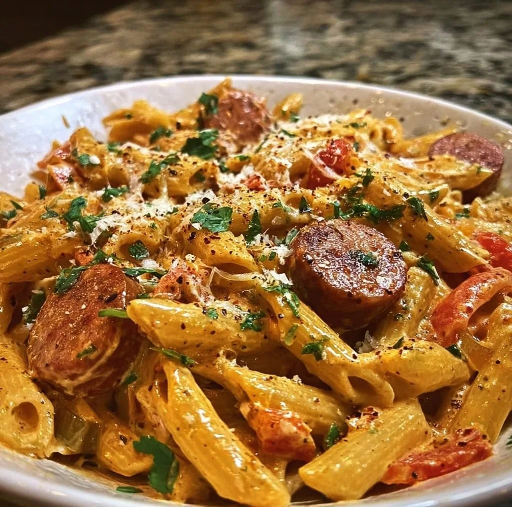One-Pot Creamy Spicy Cajun Sausage Pasta dish served in a bowl.