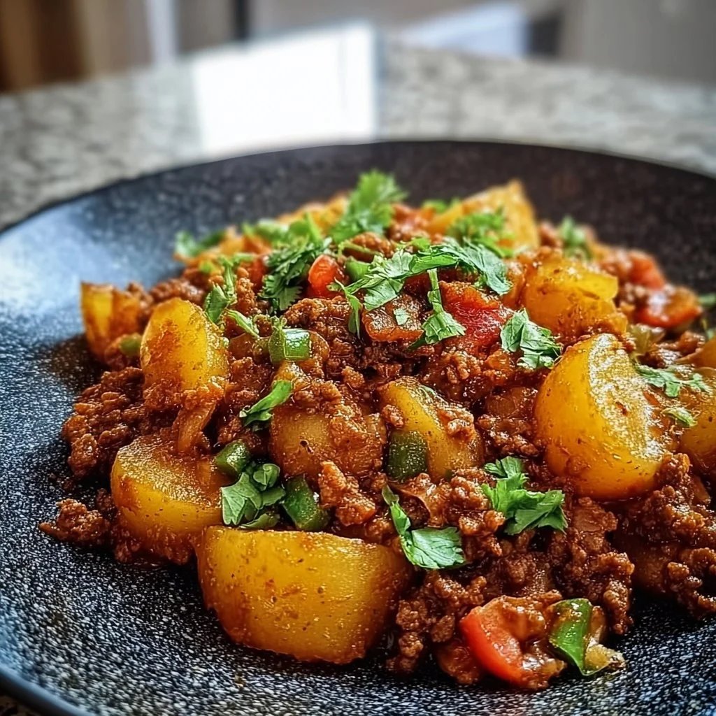 Delicious potato mince dish served on a plate with garnishes