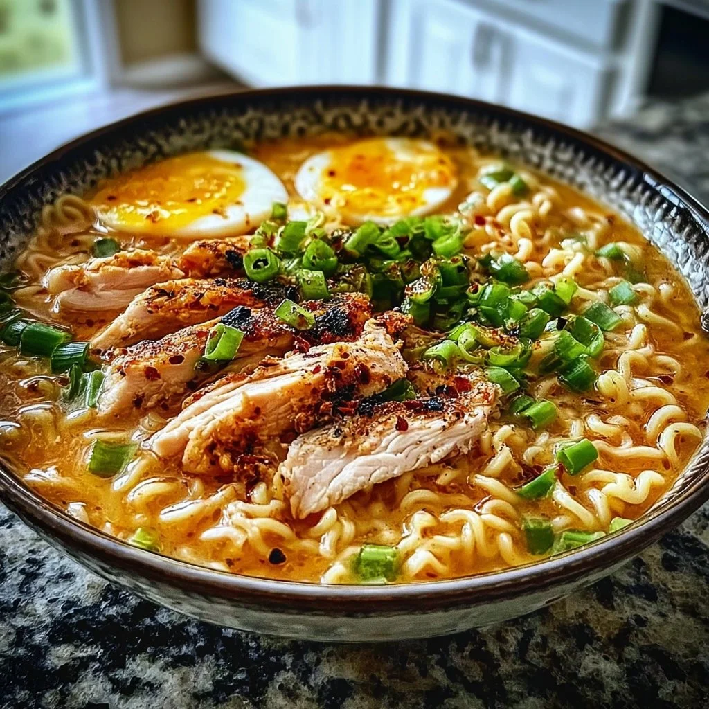 A delicious bowl of spicy creamy chicken ramen topped with green onions and soft-boiled egg.