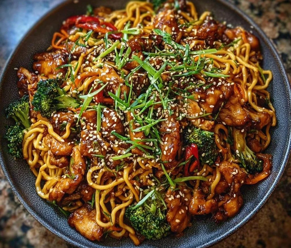 Sticky garlic chicken noodles served in a bowl with fresh garnish