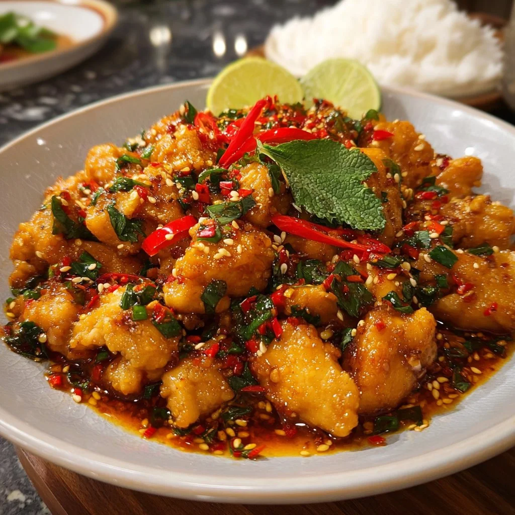 Delicious Sweet and Spicy Thai Chicken served with fresh herbs and vegetables.