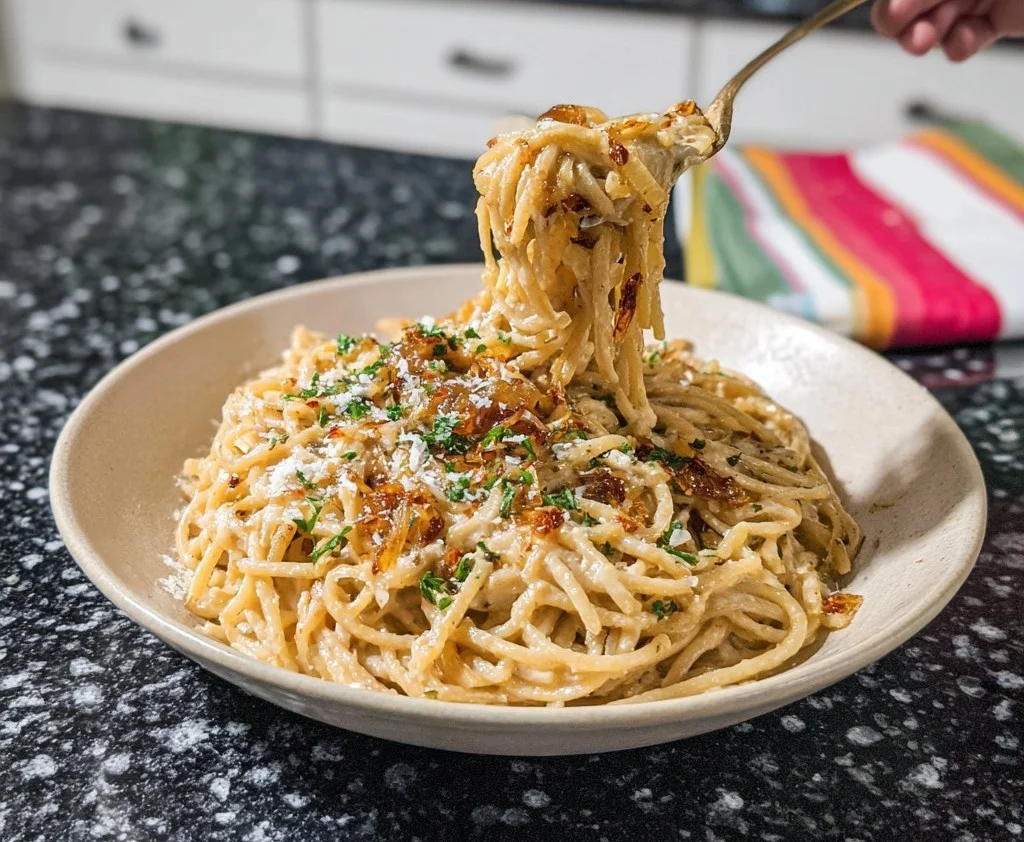 Plate of viral caramelized onion pasta topped with fresh herbs