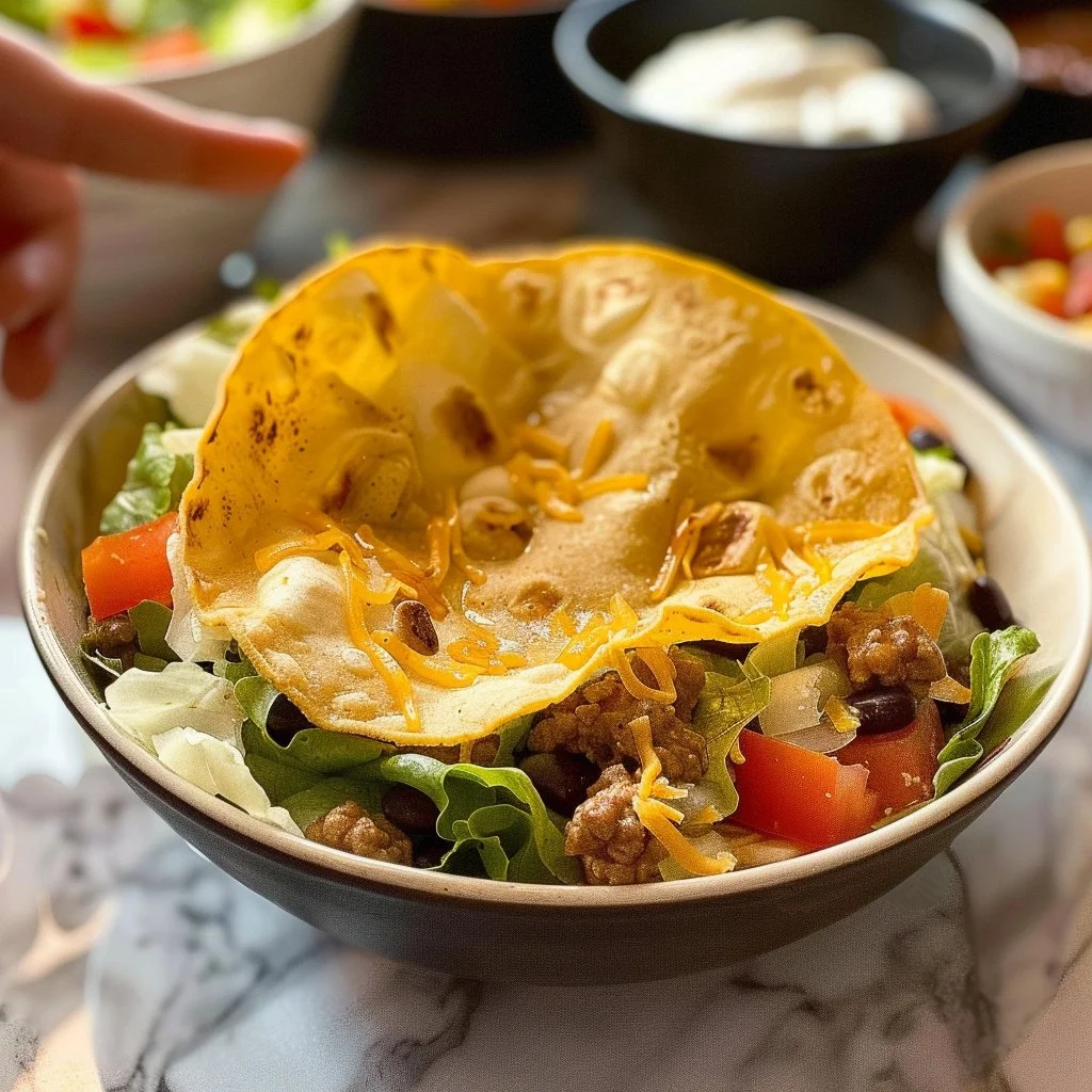 Delicious taco salad topped with fresh ingredients and served in a bowl