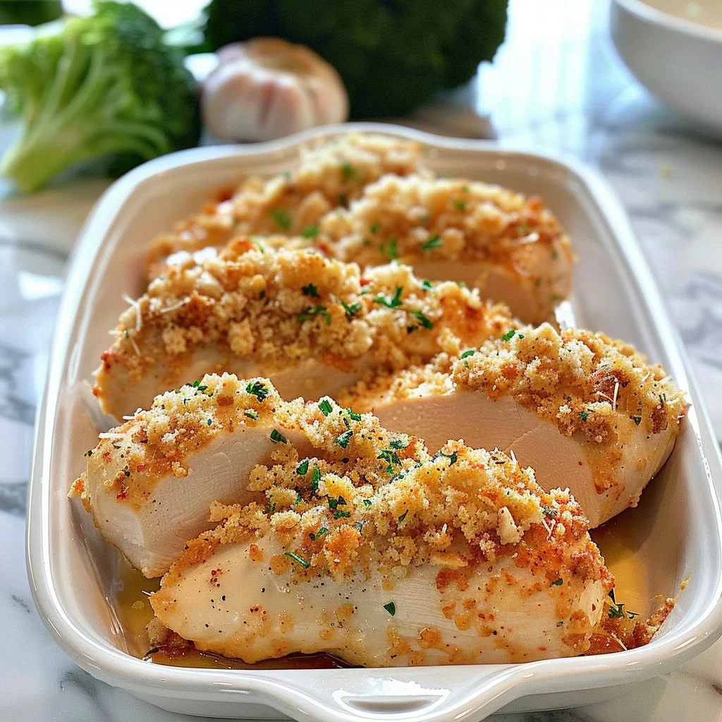 Baked Garlic Parmesan Chicken dish garnished with herbs and spices