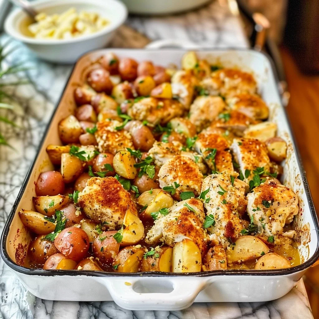 Baked garlic parmesan chicken served with crispy roasted potatoes on a plate.