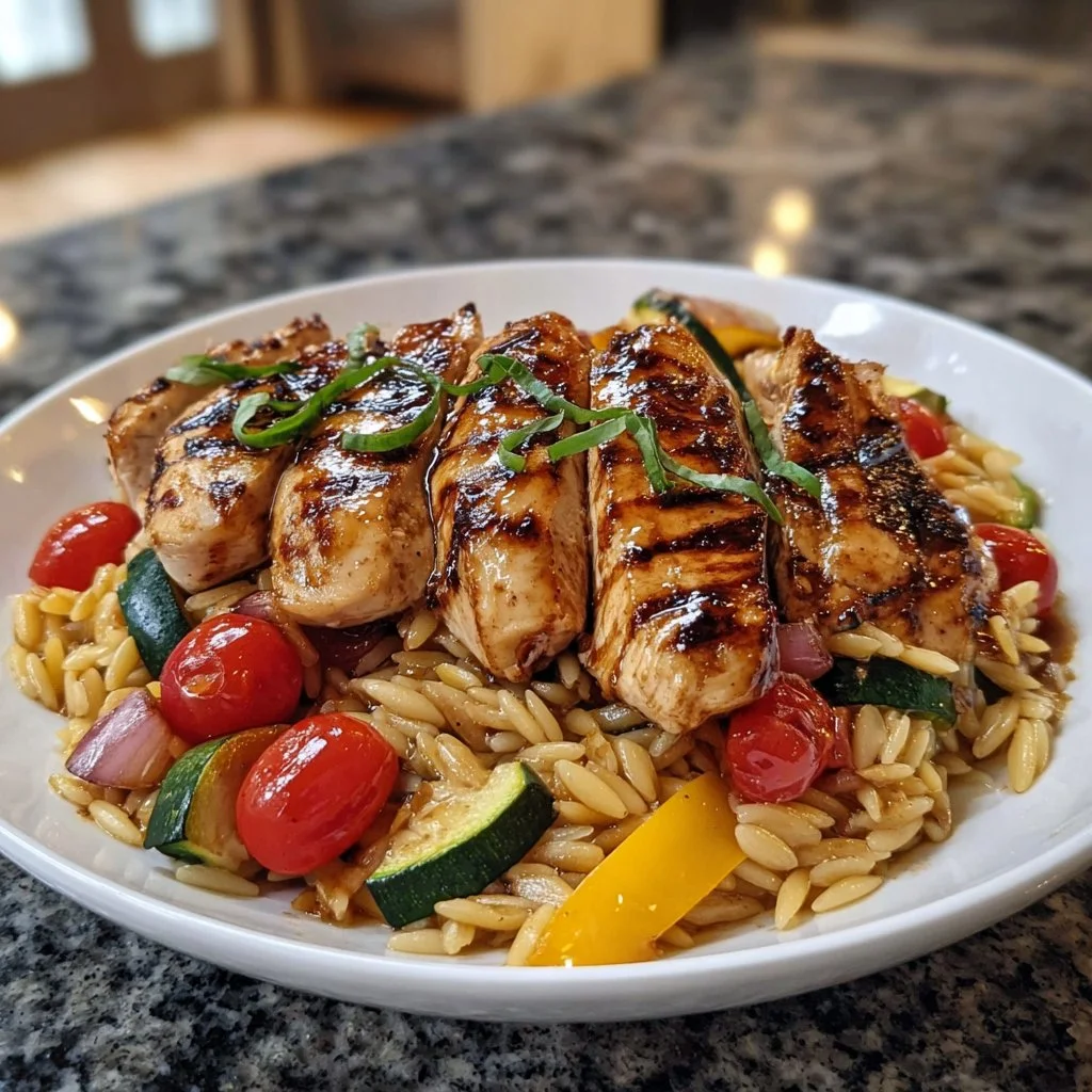 Balsamic Chicken and Orzo 4 Balsamic Chicken served with orzo on a plate.
