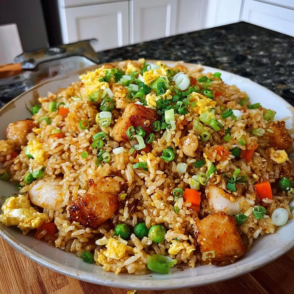 Plate of Bang Bang Fried Rice with vibrant vegetables and spices