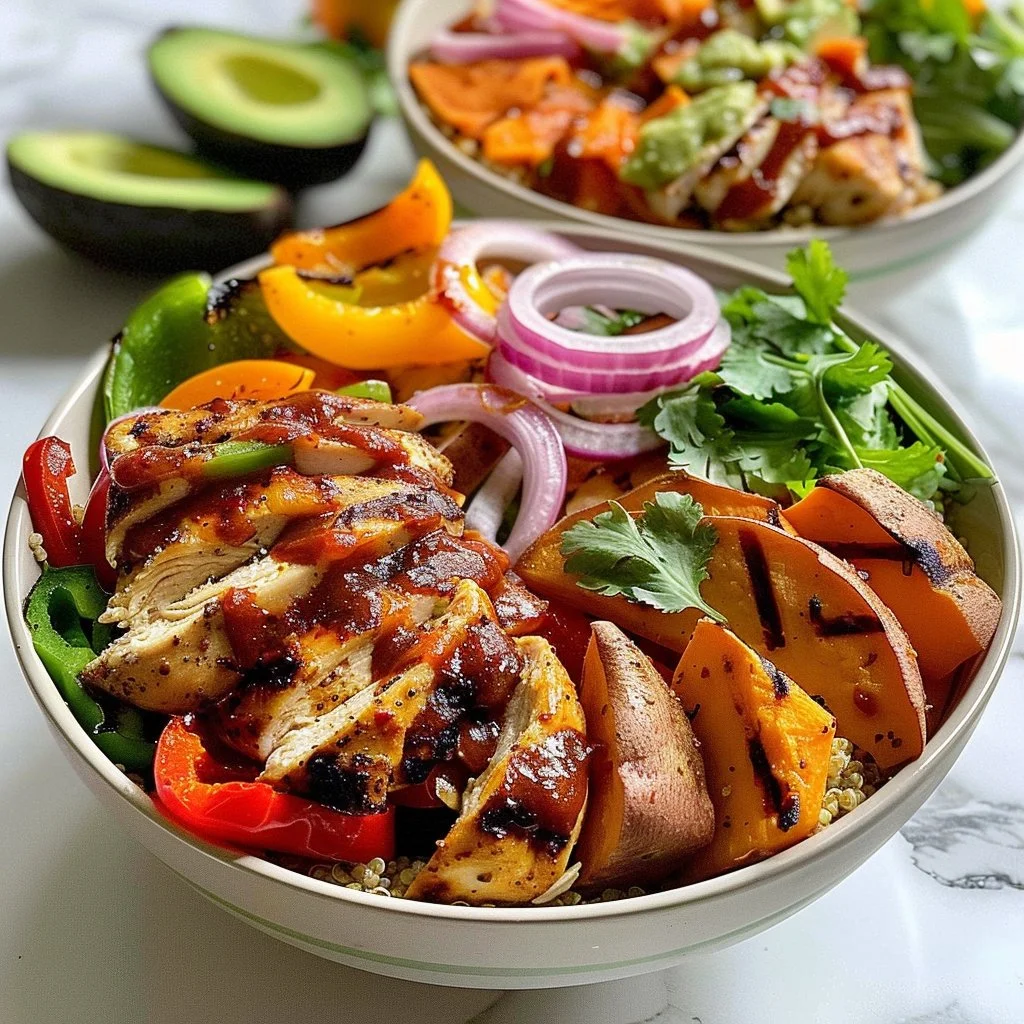 BBQ Chicken Bowls with grilled vegetables and sweet potatoes in a bowl