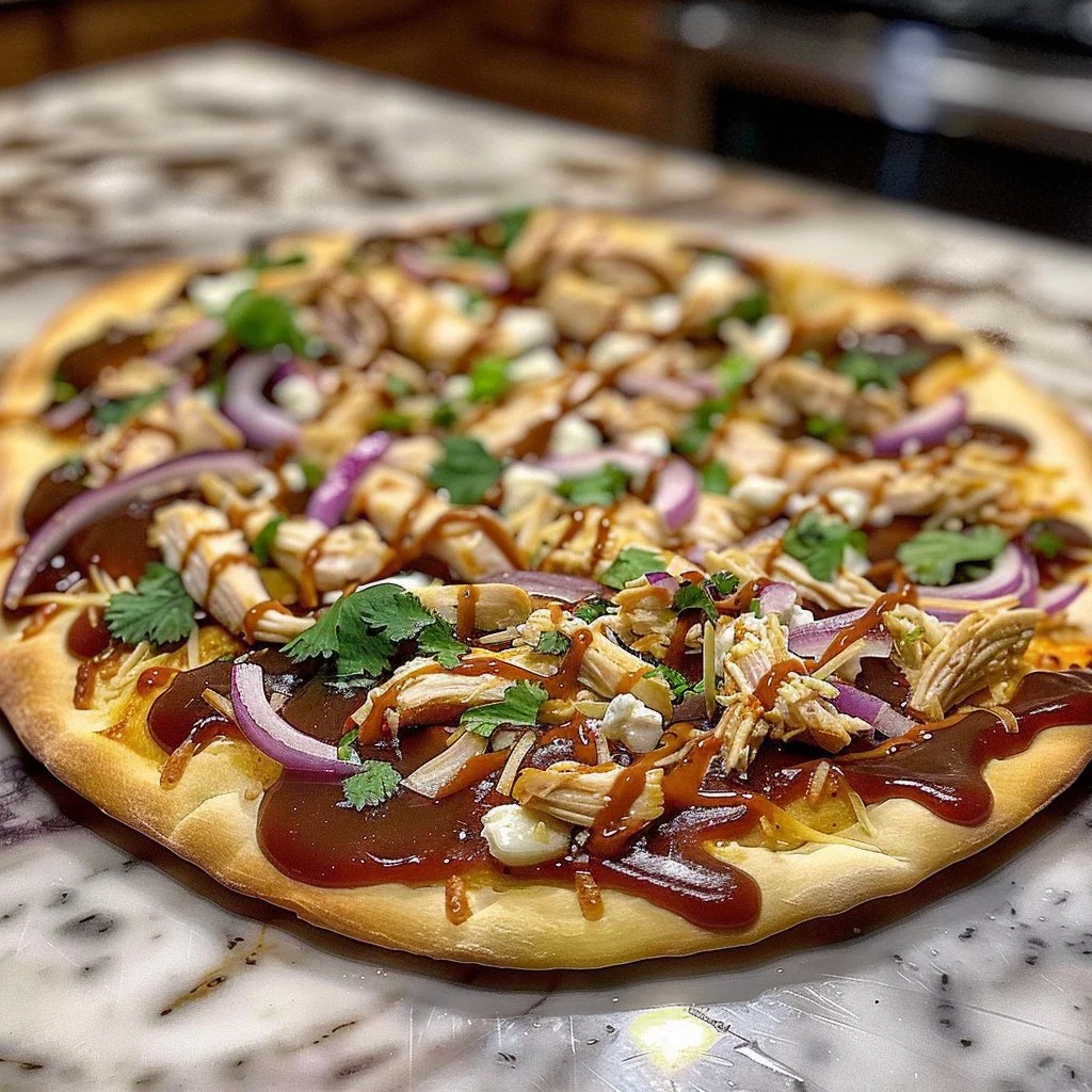 BBQ Chicken Flatbread Pizza topped with grilled chicken and BBQ sauce