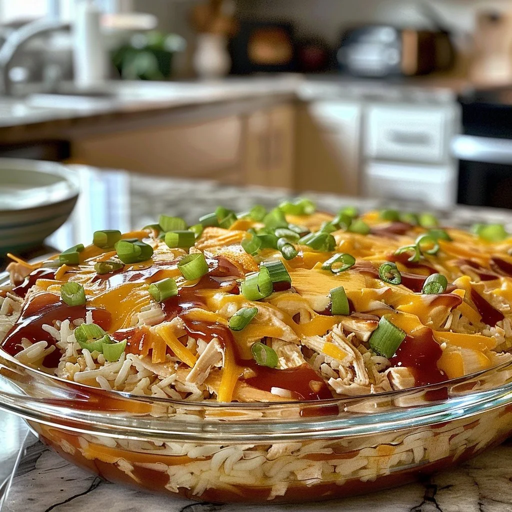 Home Page 1 Delicious BBQ Ranch Chicken Casserole topped with melted cheese and fresh herbs.