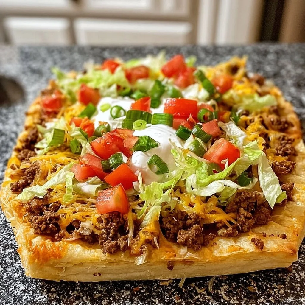 Delicious crescent roll taco pizza topped with fresh ingredients and spices