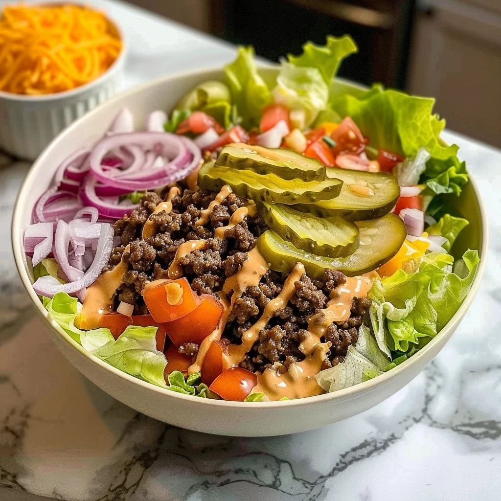 Big Mac Bowl featuring layers of beef, lettuce, and special sauce in a fresh bowl.