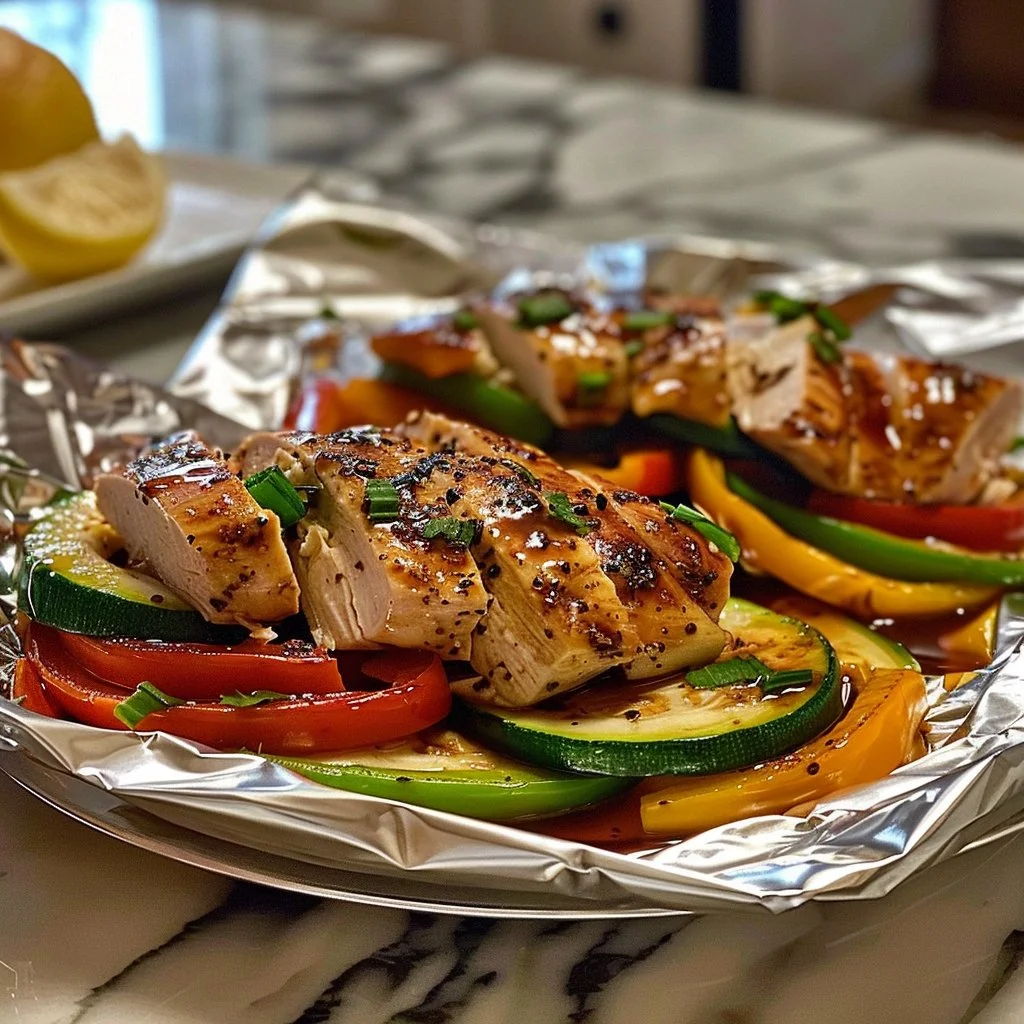 Camping chicken foil packets prepared for outdoor cooking.