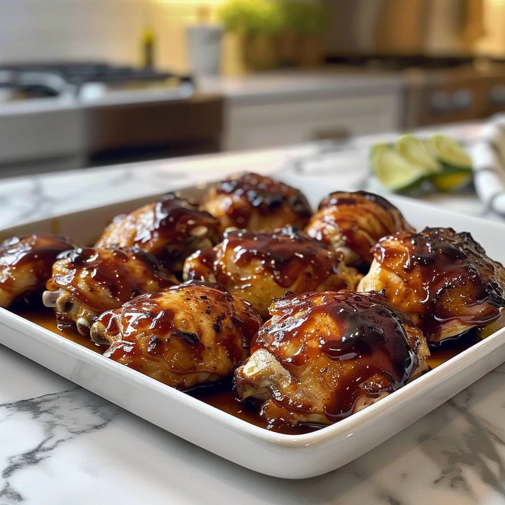 Caramelized BBQ Chicken Thighs cooked in the oven with a sweet glaze