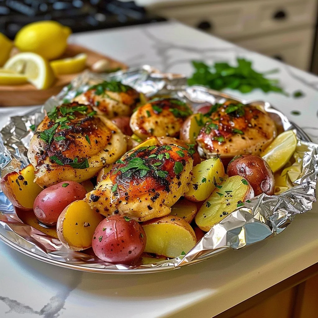 Chicken breast foil packets with potatoes and herbs ready for baking.
