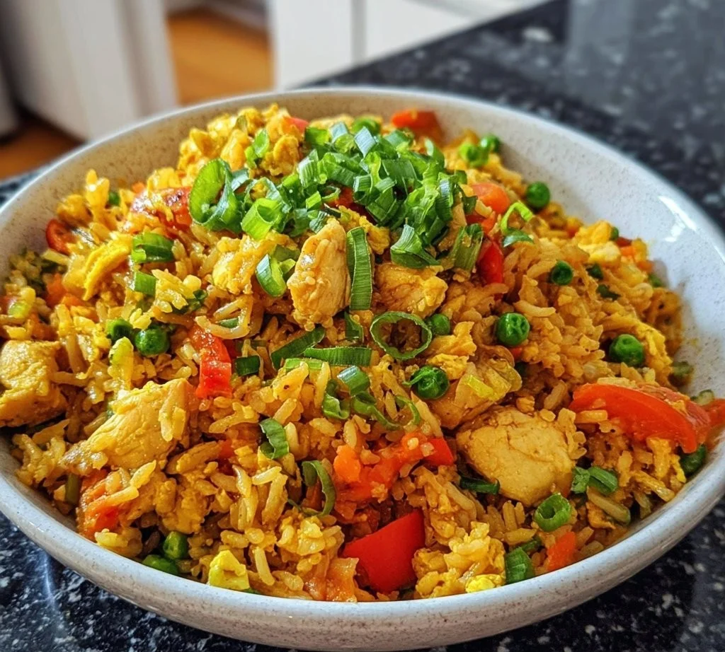 A delicious plate of chicken curry fried rice with vibrant vegetables and spices