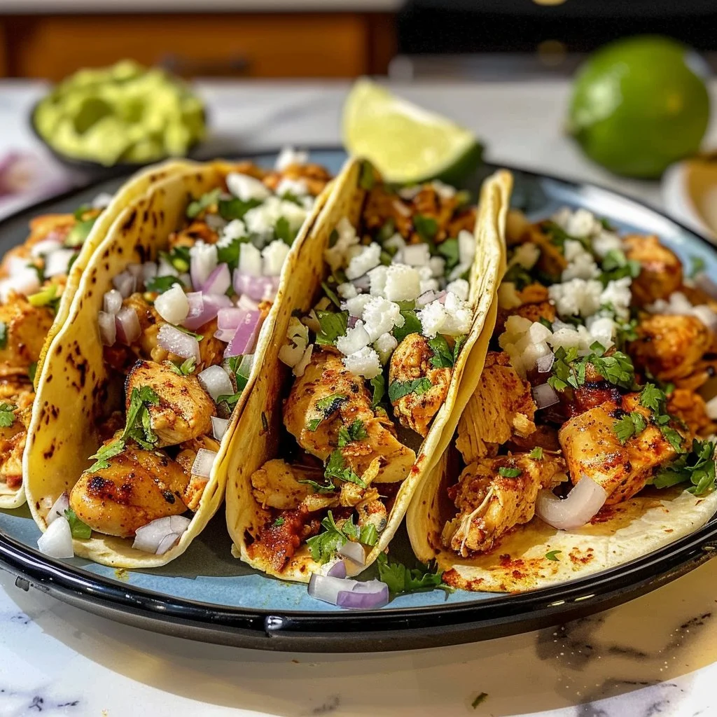 Delicious chicken street tacos garnished with fresh vegetables and salsa