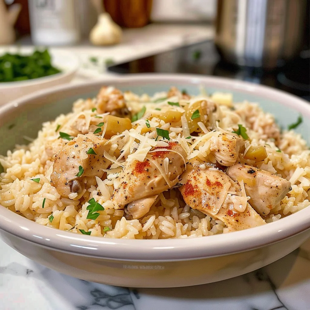 Plate of garlic parmesan chicken served with rice.