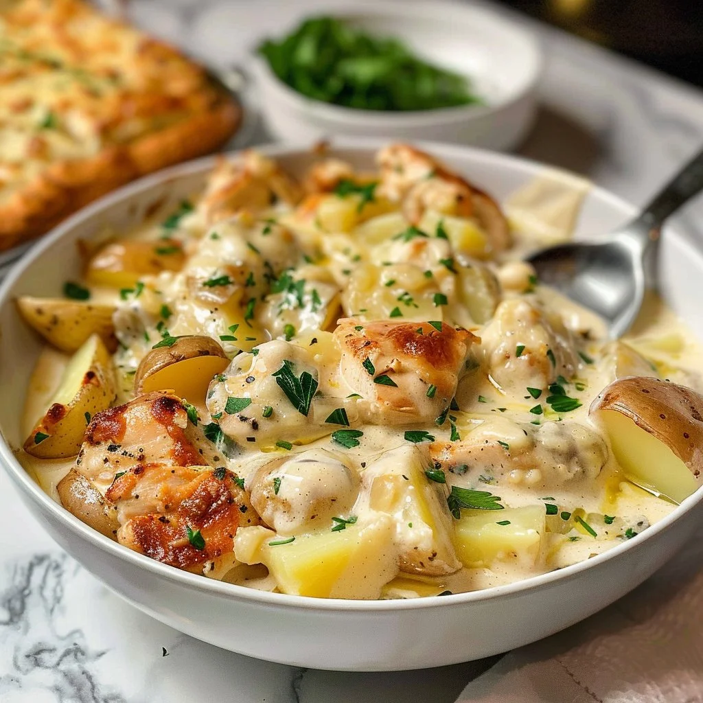 Creamy Crockpot Garlic Parmesan Chicken and Potatoes - thegirlskitchen 2 Creamy garlic parmesan chicken with potatoes cooked in a crockpot