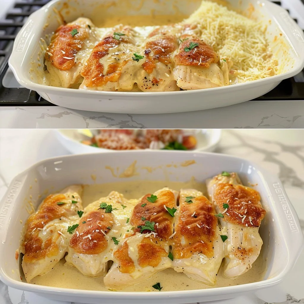 Creamy garlic parmesan chicken dish garnished with herbs