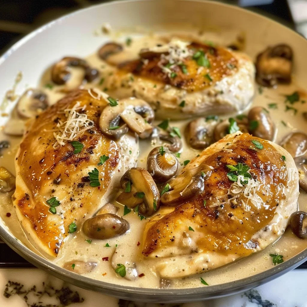 Creamy garlic parmesan mushroom chicken served on a plate with herbs.