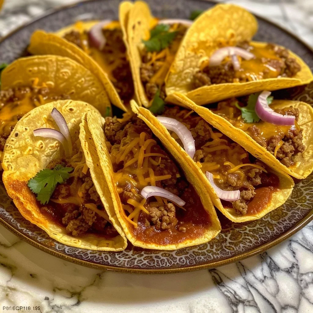 Delicious crispy ground beef tacos topped with fresh ingredients