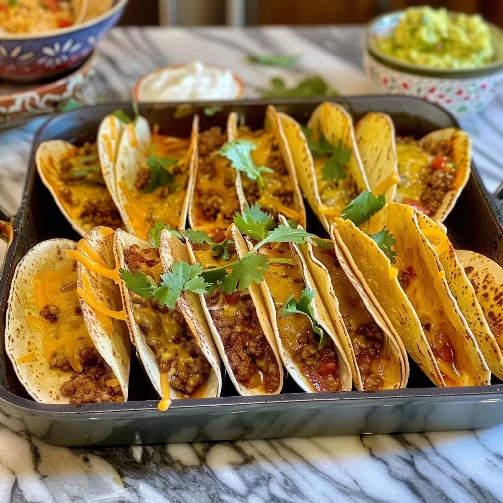 Delicious crispy oven baked tacos ready to serve with toppings