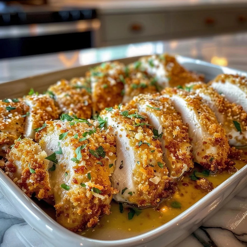 Delicious crispy Parmesan Crusted Chicken served with sides.