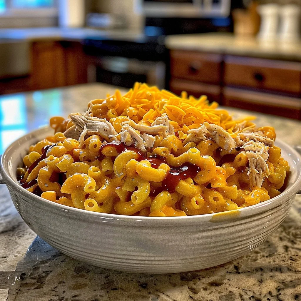 Crockpot BBQ Chicken Mac and Cheese served in a bowl, garnished with herbs.