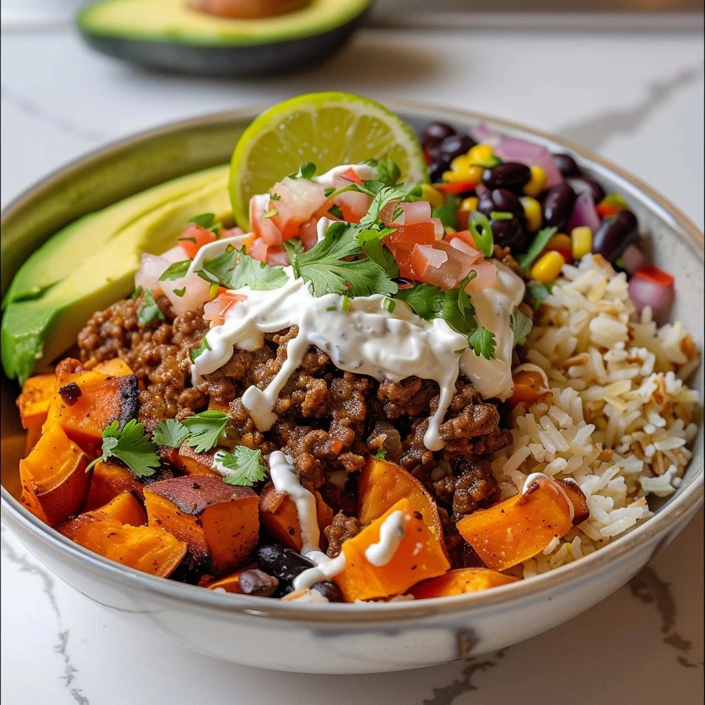 Ground beef sweet potato taco bowl topped with lime crema