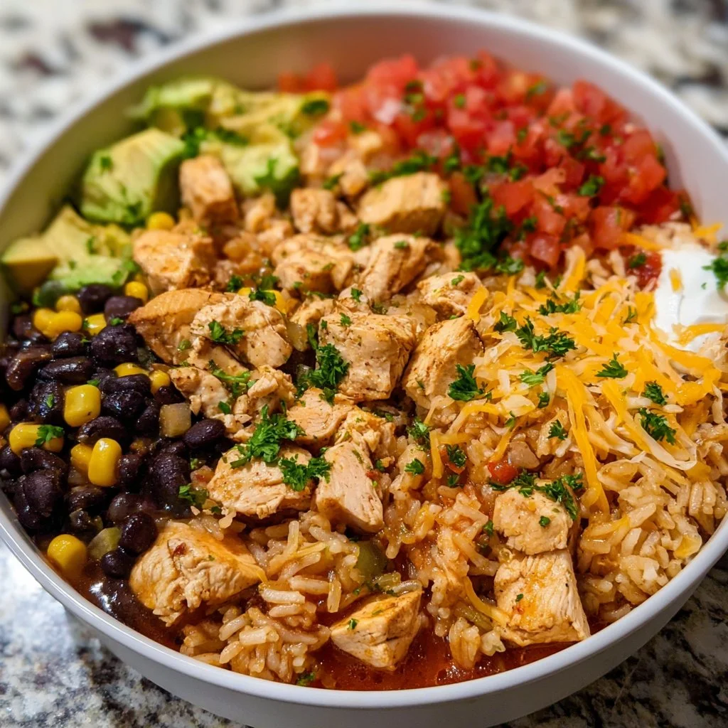 Delicious Easy Chicken Burrito Bowl with chicken, rice, beans, and toppings.
