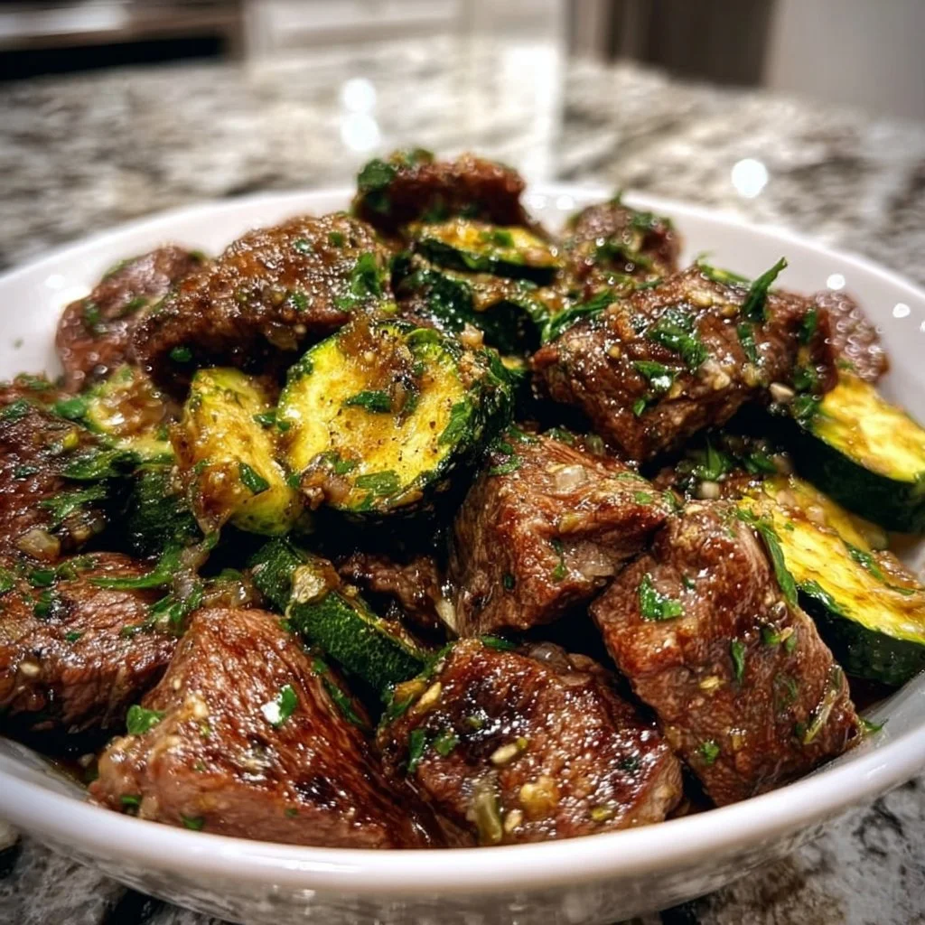 Garlic Butter Steak Bites served on a plate, garnished for a quick meal