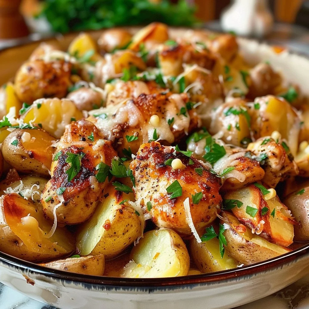 Baked Garlic Parmesan Chicken served with crispy potatoes