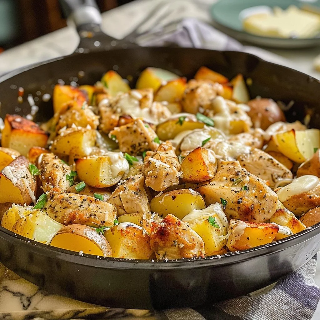 Skillet dish featuring Garlic Parmesan Chicken and Potatoes