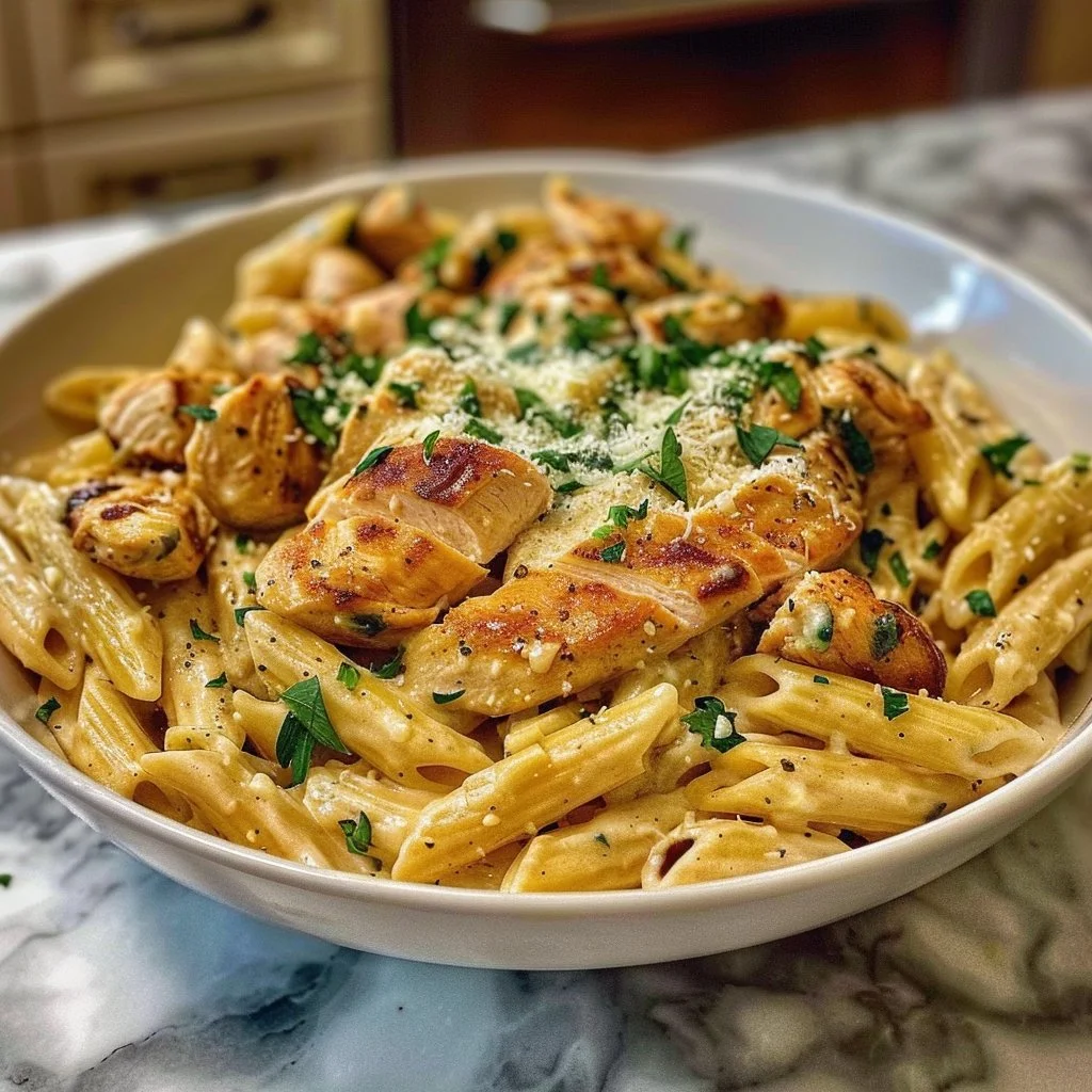 Garlic Parmesan Chicken Pasta Recipe 2 Creamy Garlic Parmesan Chicken Pasta served in a bowl