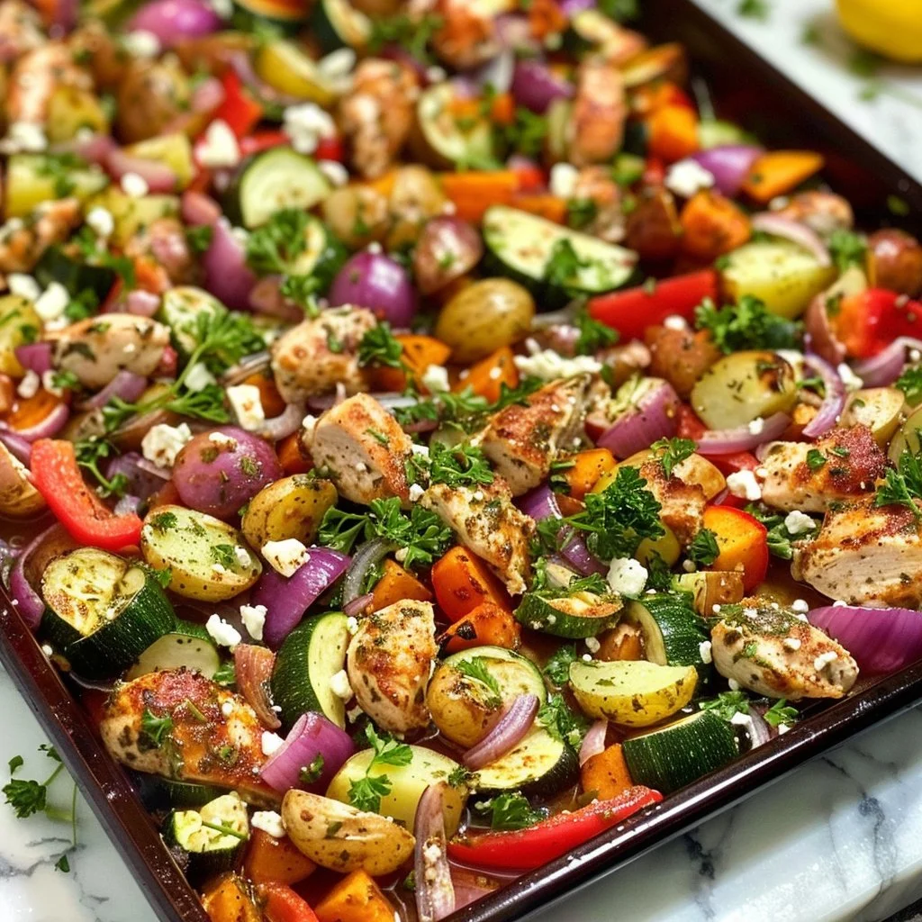 Greek sheet pan chicken with colorful veggies roasted on a baking tray