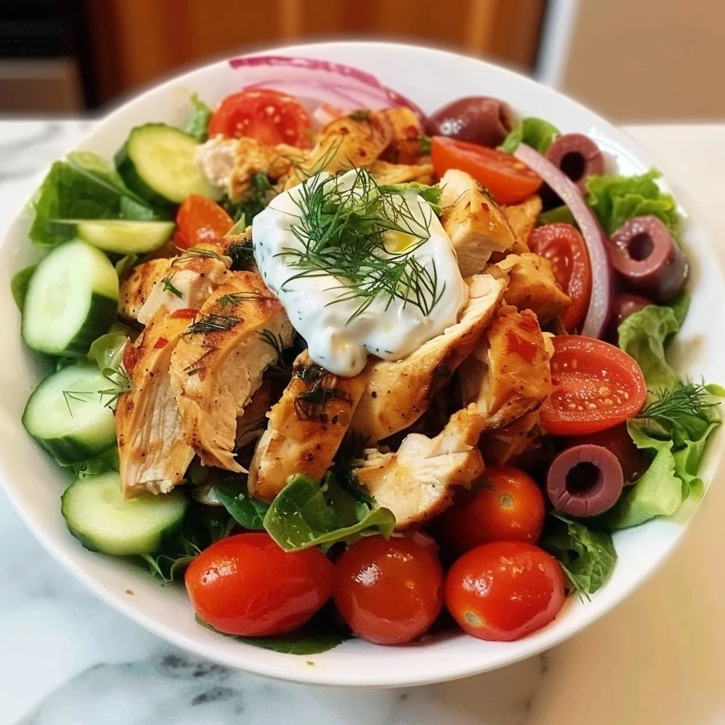 Healthy Mediterranean Chicken Bowl with fresh vegetables and grilled chicken