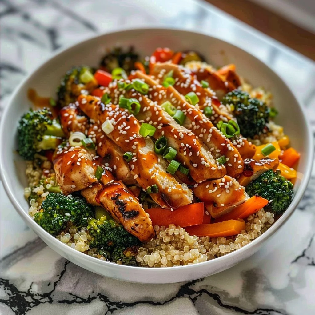 Healthy Sticky Chicken Bowls 2 Healthy sticky chicken bowl with colorful vegetables and rice