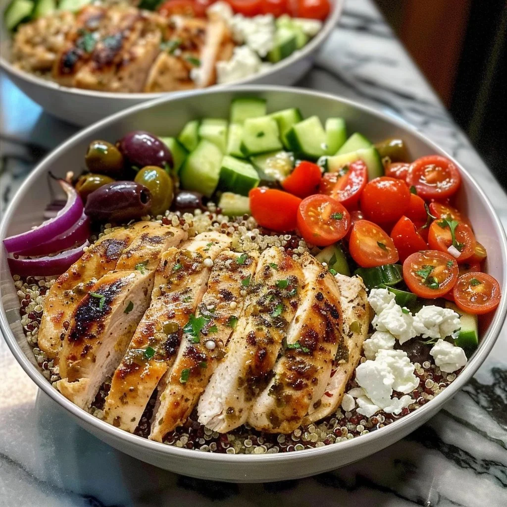 High-protein Mediterranean chicken bowl with fresh vegetables and quinoa