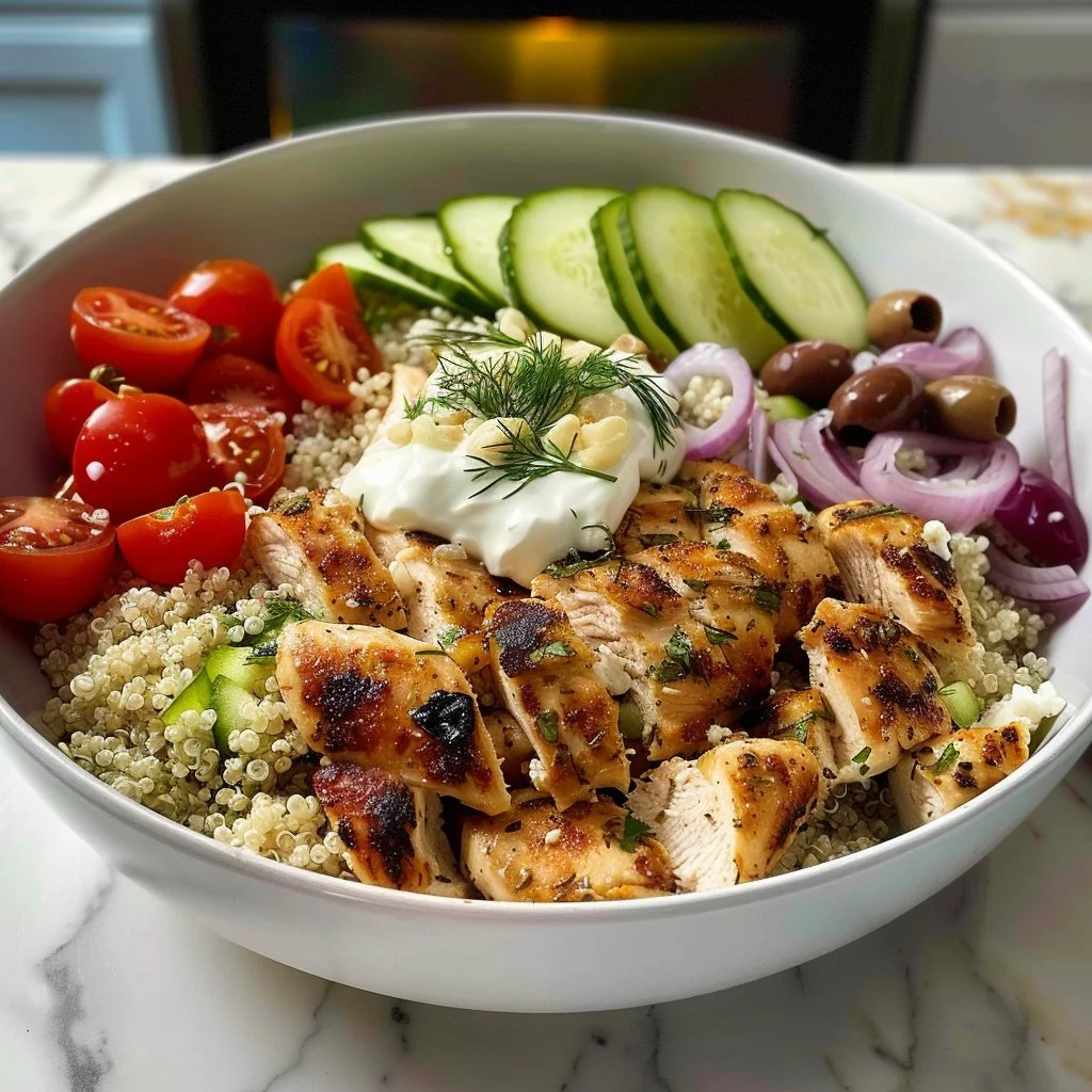 High Protein Mediterranean Chicken Bowls (30-Minute Recipe) 2 High protein Mediterranean chicken bowls served with fresh vegetables.